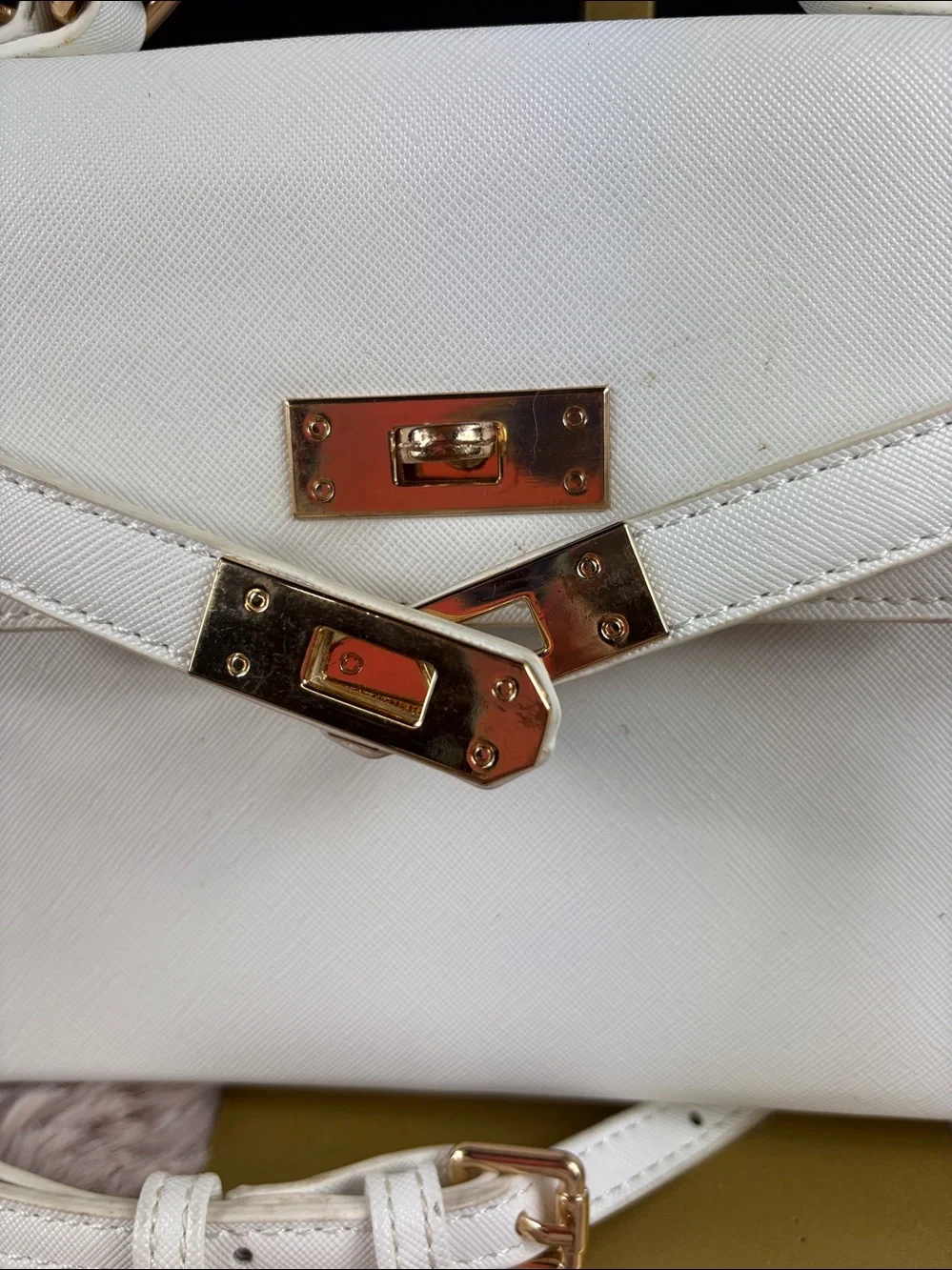 Kelly Style Mini White Saffiano Faux Leather Structured Crossbody Satchel